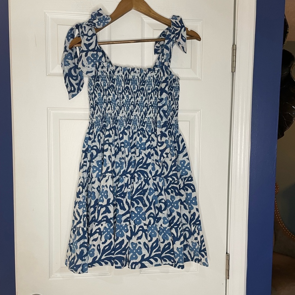 MARE SEA smocked tiered mini dress w/ tie straps in blue and white floral-Large